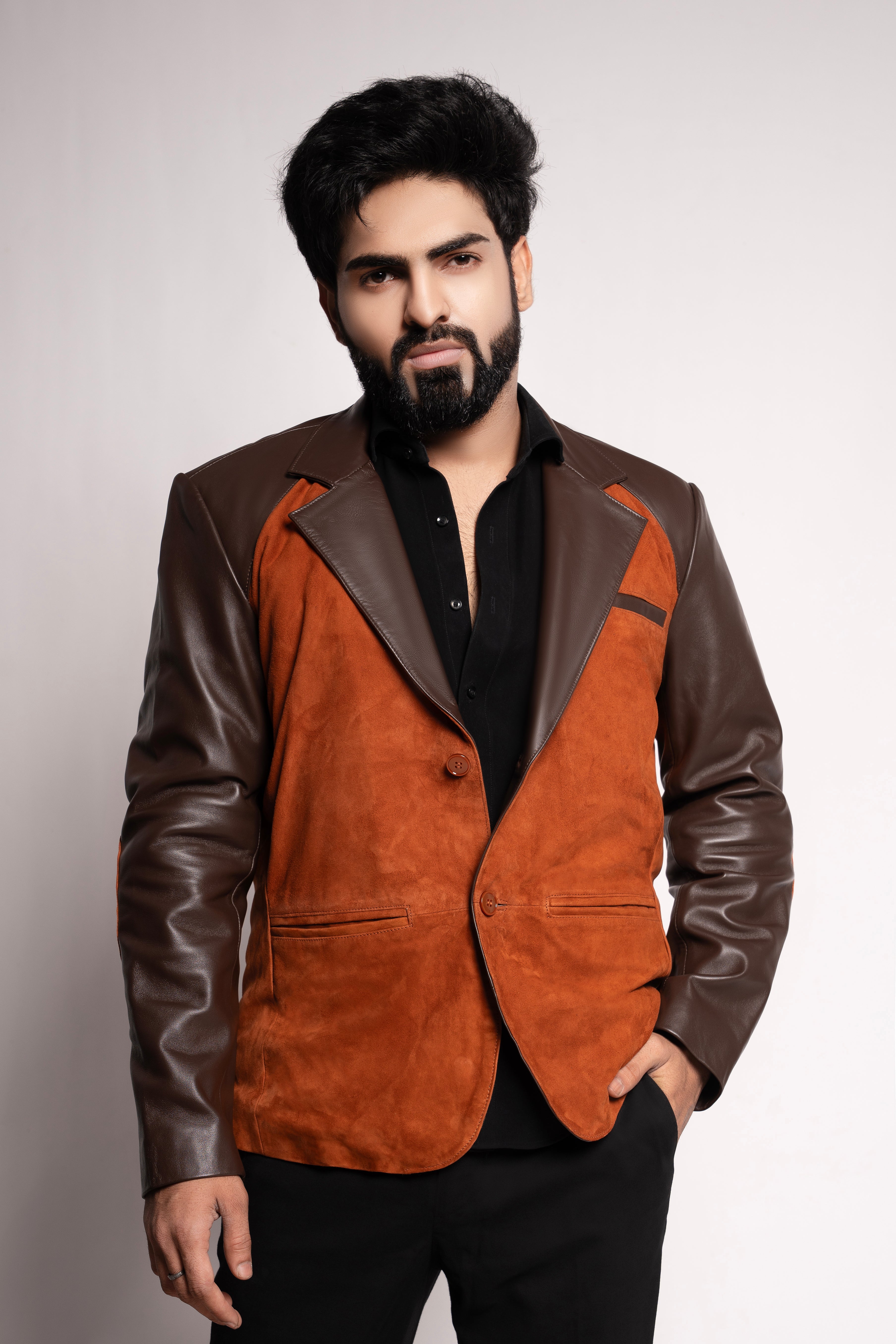 Markstyling Mens Suede Blazer Leather Suit Jacket Distressed Notch Lapel Buttons Sport Coat Zip Vintage Work Wear with Pockets